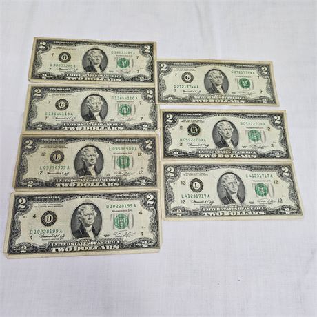 (7) 1976 $2 Dollar Bills Lot 1