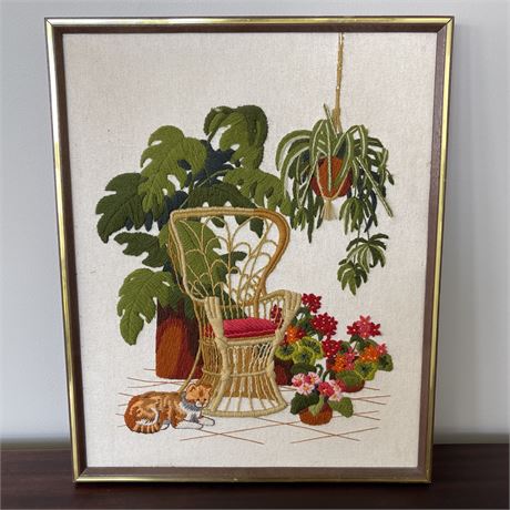 Vtg Crewel Embroidered Framed Worsted Wool Yarn Wall Hanging