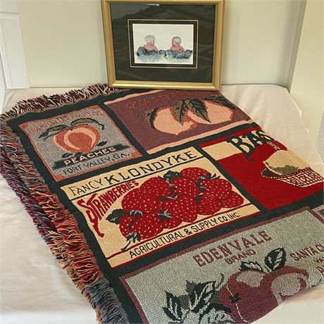 Vtg Goodwin Weavers Fruit Crate Tapestry Blanket w/ Ann Geddes Framed Reprint