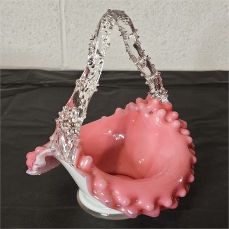 Beautiful Victorian Pink Glass Basket w/Thorn Handles