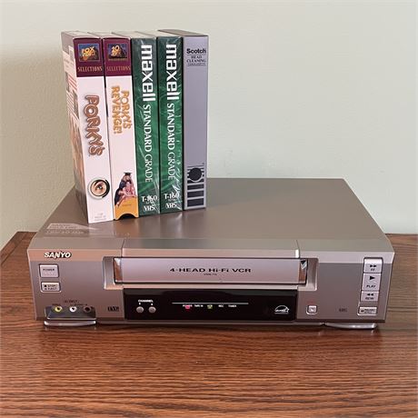Sanyo VCR Player with Blank and Porkys VHS Tapes