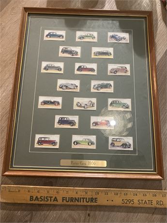 Framed collection of "Motor Cars 1936" cigarette cards, originally issued by Joh