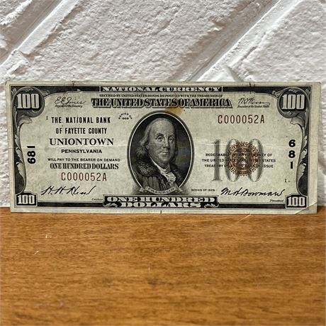 1929 Low Double Digit Serial $100 National Bank of Fayette County Pennsylvania