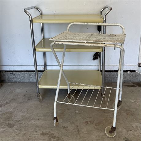 Vtg. Steel Rolling 3 tier Double Handled Cart and Metal Bar Cart