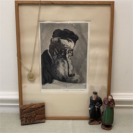 Joseph Margulies Signed "At Peace" Etching Print, Carved Figurines & Necklace