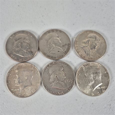 6 Pre-1964 90% Silver Half Dollars