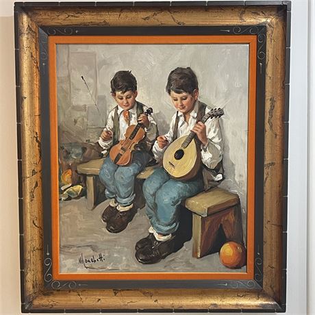 Signed Marchetti "Boy with Instrument" Framed Original Oil Painting