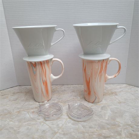 Melitta Pour Over Coffee Maker and 2 swirl cups with lids