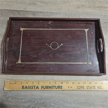 Vintage wooden serving tray with a brass inlay design