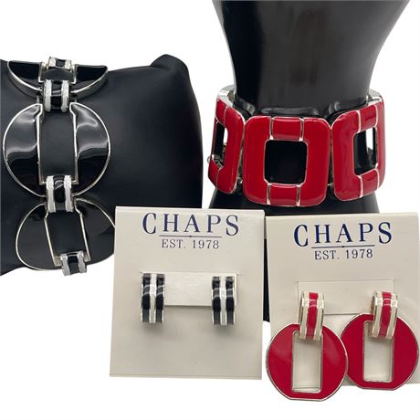 Chaps Earrings and Black Link Bracelet w/ Coordinated Red Link Bracelet