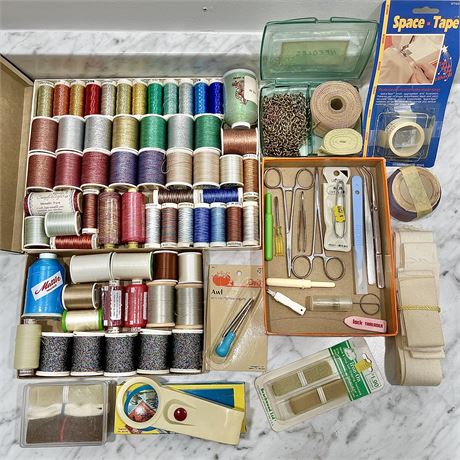 Sewing Collection w/ Colorful Metallic, Sulky, and Other Thread, Tools & Fabrics