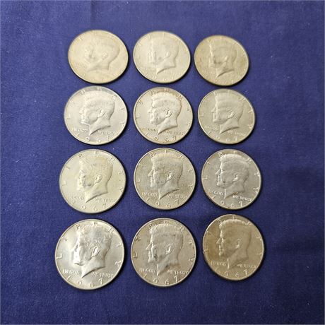 (12) 1967 Kennedy Silver Half Dollars