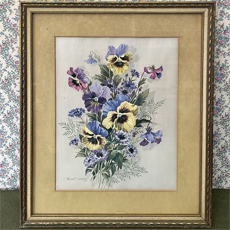 Vtg Robert Laessig Signed "Pansies" Framed Watercolor Lithograph Print