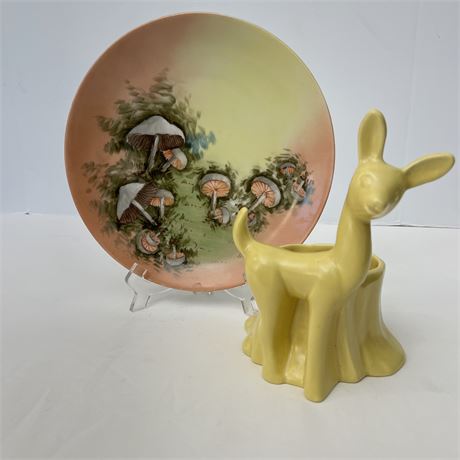 J&C Bavaria Signed E.M. Laughlin Plate and Ceramic Yellow Deer Planter