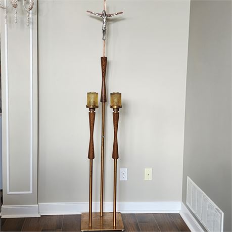 Mid Century 74" Brass Processional Crucifix Stand w/ Ceremonial Candle Holders