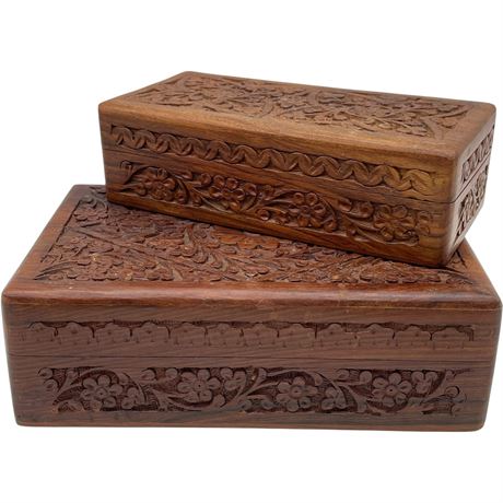 Pair of Vtg Servv Hand Crafted Wood Trinket Boxes - Made in India