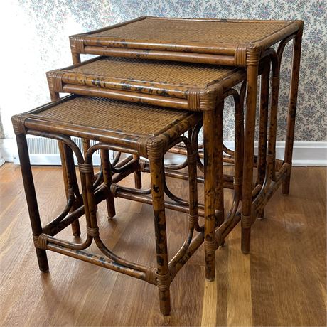 MCM Tiger Bamboo Rattan Three Piece Nesting Tables