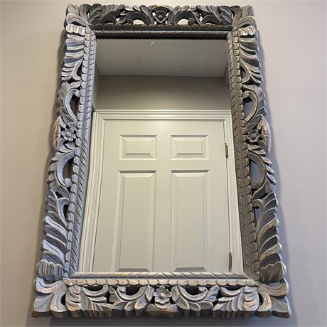 Distressed Grey Washed Carved Wood Wall Mirror - Made in India