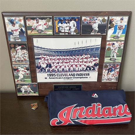 1995 Indians Championship Plaque (missing card), Miller-24 Shirt and Wahoo Pin
