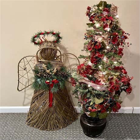 Woven Twig Christmas Angel with Potted 4ft Artificial Tree