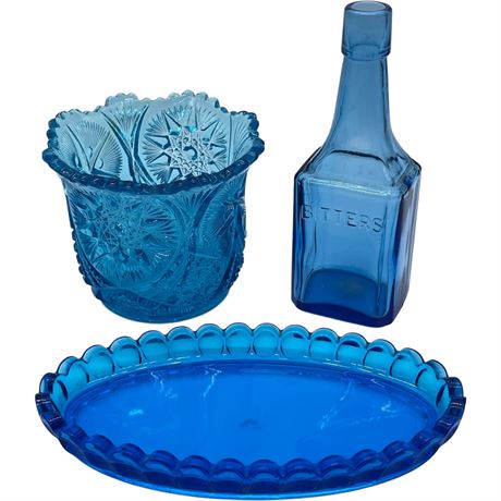 Vtg Blue Bitters Glass Bottle, Cut Glass Open Sugar Bowl and Dish