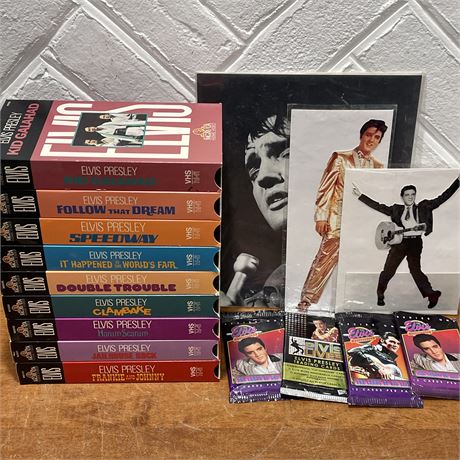 Collection of Elvis Presley VHS Tapes, Trading Cards and More