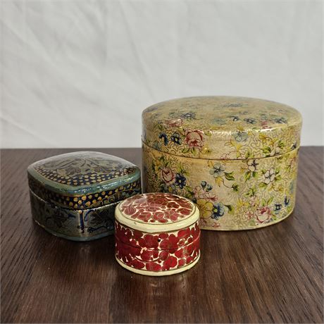Hand-Painted, Lacquered Paper Mache Trinket Boxes-Set of 3