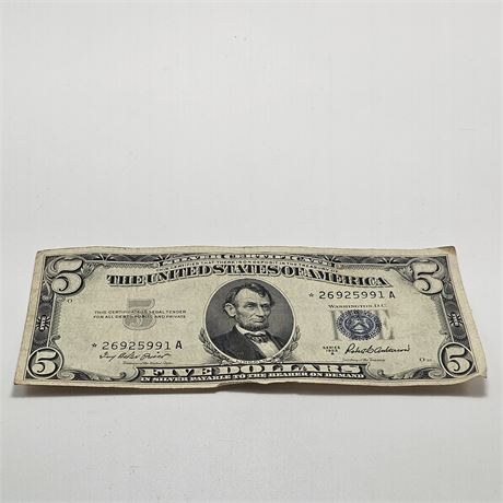 1953 Star Note Silver Certificate $5 Dollar Bill