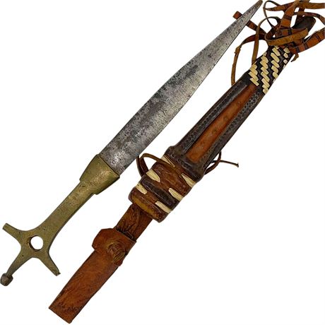 Antique Metal Hilt Dagger w/ Leather Sheath
