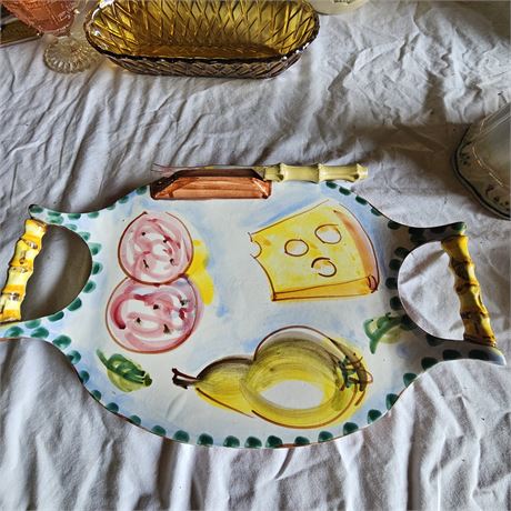 Italian Ceramic Platter Cheese/Fruit Dish Plate/Spreader Hand Painted Handles