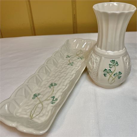 Vtg Belleek Shamrock Nadine Spill Vase & Mint Tray
