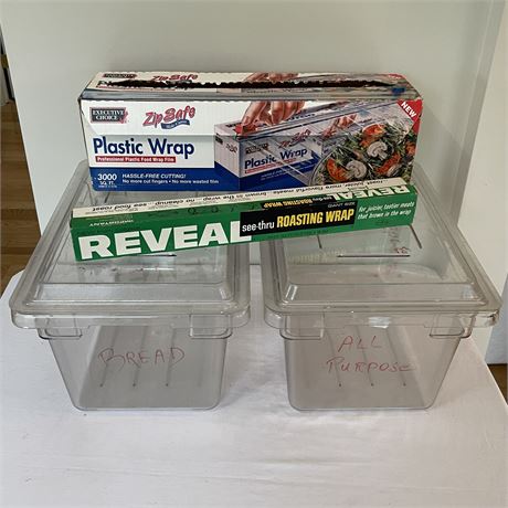 (2) Food Storage Containers w/ Plastic Wrap and Roasting Wrap