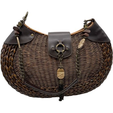 Maya Evangelista Wicker & Leather Purse with Stone Accents