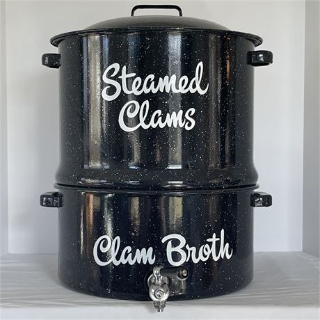 Vtg Black Enamel Clam Steamer Pot w/ Spigot
