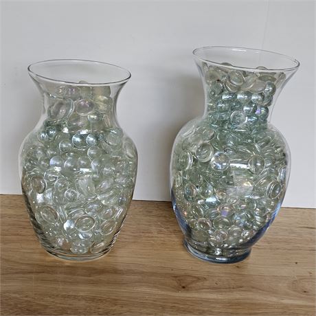 2-clear glass vases filled with decorative glass gems-clear & iridescent