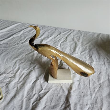 Vintage carved authentic horn carved Heron statue, Vintage powder horn