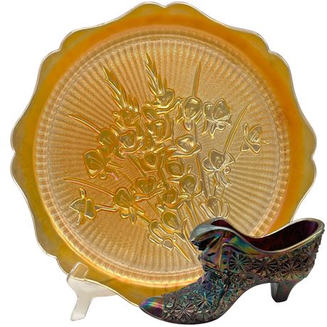 Jeanette Glass Iris Herringbone Carnival Glass Platter and Fenton Slipper Boot