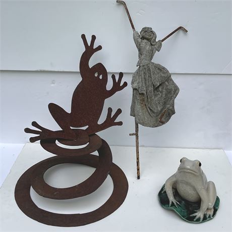 Rustic Metal Bouncing Frog and Rustic Art Piece with Ceramic Frog on Lilly Pad
