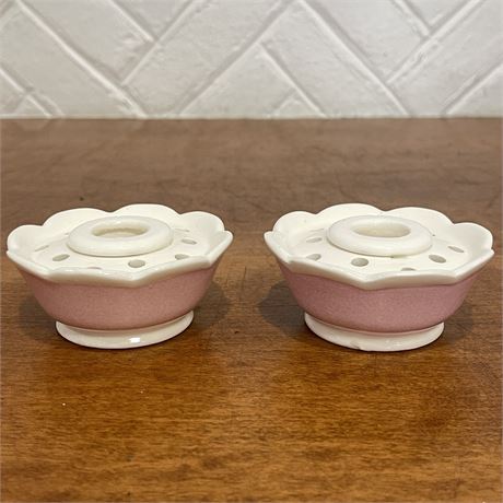 Pair of Holt Howard Ceramic Flower Frog Candle Holders