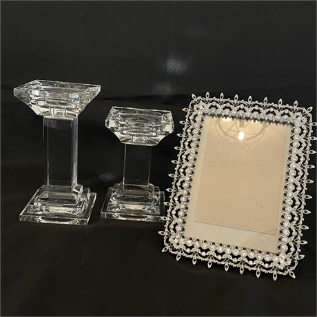 (2) Shannon Crystal Candle Holders & Rhinestoned Picture Frame