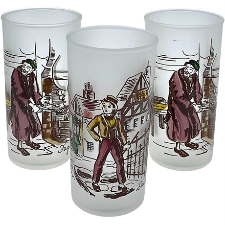Hazel Atlas Charles Dickens David Copperfield and Fagin Frosted Drinking Glasses