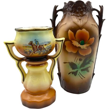 Vtg Czechoslovakian Porcelain Equestrian and Floral Vases