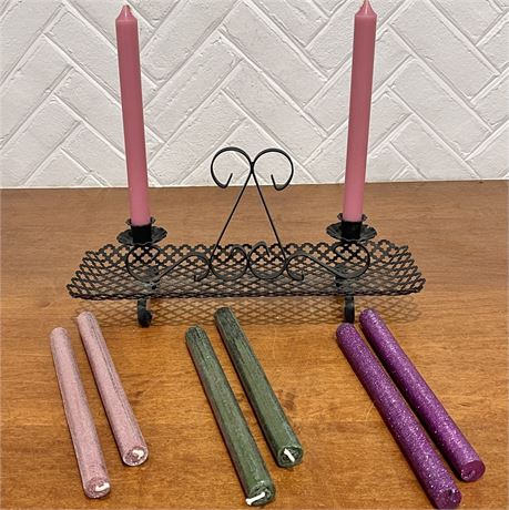 Mid Century Metal Mesh Double Candle Holder w/ (8) New Taper Candles