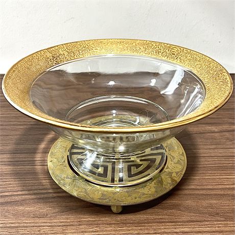 Vintage Pedestal Glass Bowl w/ Gold Etched Rim & Geometric Brass Engraved Trivet