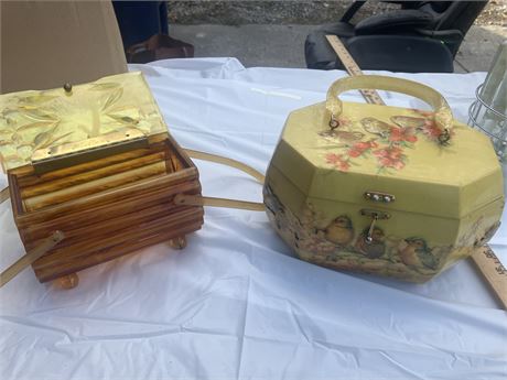 two vintage wooden box purses with decoupage designs.