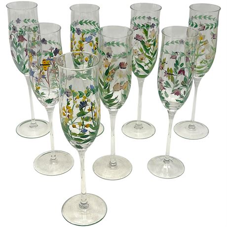 (8) Hand-Painted Botanical Champagne Flutes