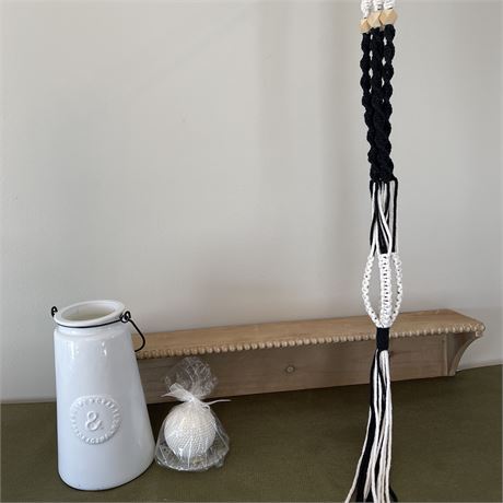 Wood Wall Shelf, Macrame Hanging Pot Holder, White Glass Jar & Pearl Ball Candle