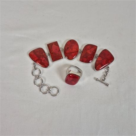 Vtg Sterling Silver Red Sponge Coral Jewelry Set NF .925 Thailand
