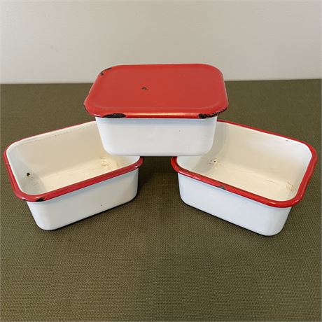 Vtg Enamelware Red Trim Containers - One Lid