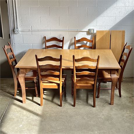 Solid Wood Dining Table w/ (6) Ladderback Dining Chairs and 2 Extension Leaves